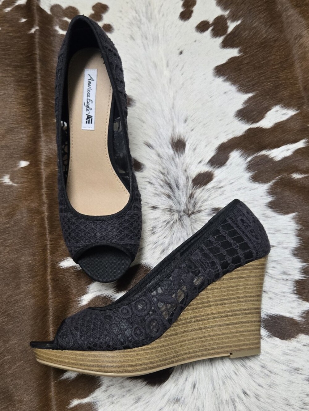 American Eagle Black Crocet Lace Peep-Toe Wedge Sandals